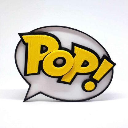 Logo 3D POP! de Funko, bulle jaune et blanche à contour noir, sur fond sombre