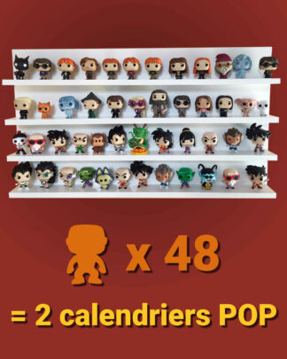 Étagère garnie de 48 Pocket POP, soit deux calendriers de l'avent Funko