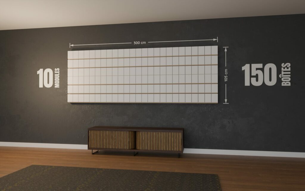 Mur de POP de 10 modules garni de 150 boîtes de Funko POP, 300 x 105 cm, monté au mur d'un salon