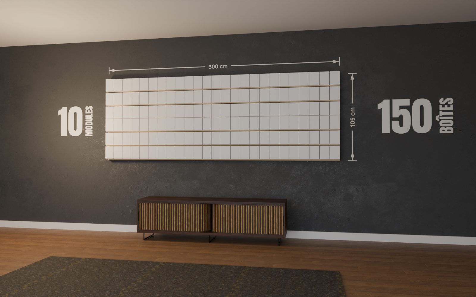 Mur de POP de 10 modules garni de 150 boîtes de Funko POP, 300 x 105 cm, monté au mur d'un salon