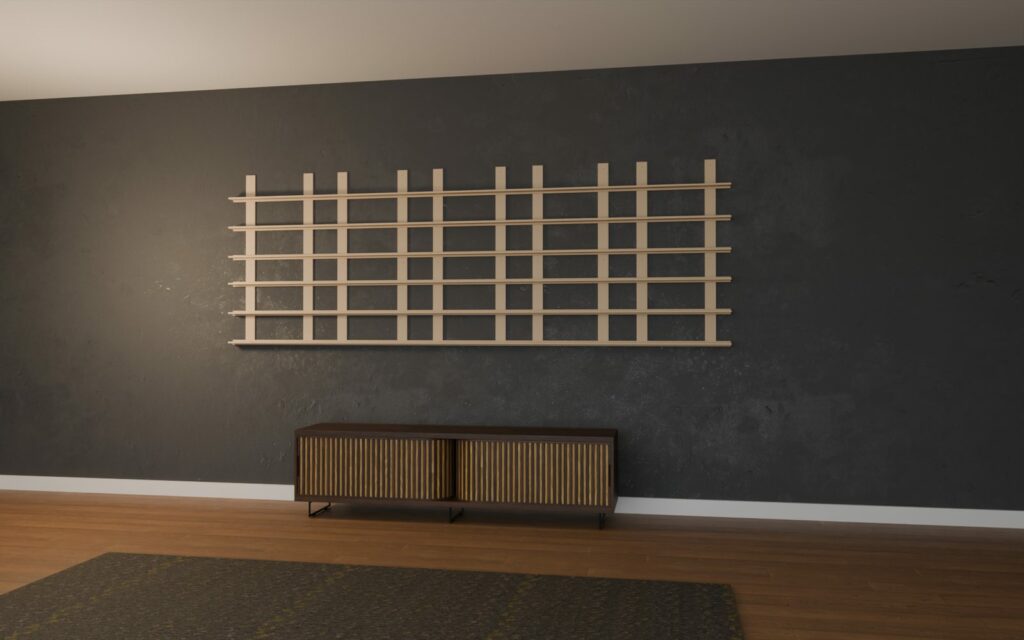 Structure d'un mur de POP de 10 modules en bois brut, 300 x 105 cm, sans les boîtes