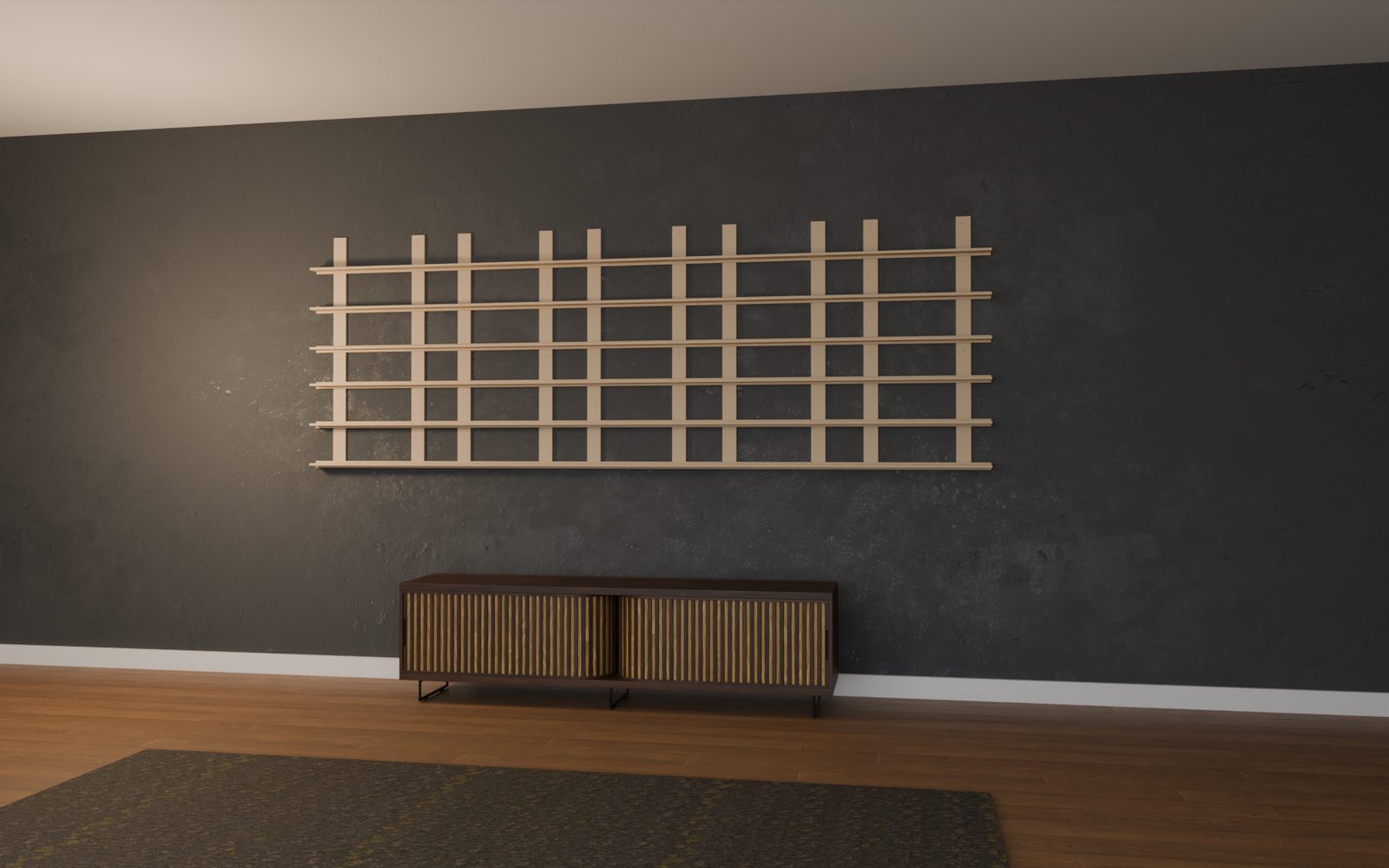 Structure d'un mur de POP de 10 modules en bois brut, 300 x 105 cm, sans les boîtes