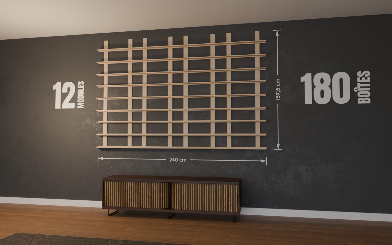 Cotes d'un mur de POP de 12 modules : 240 x 157,5 cm pour 180 boîtes de Funko POP