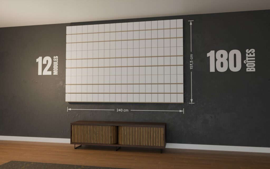 Mur de POP de 12 modules garni de 180 boîtes de Funko POP, 240 x 157,5 cm, monté au mur d'un salon