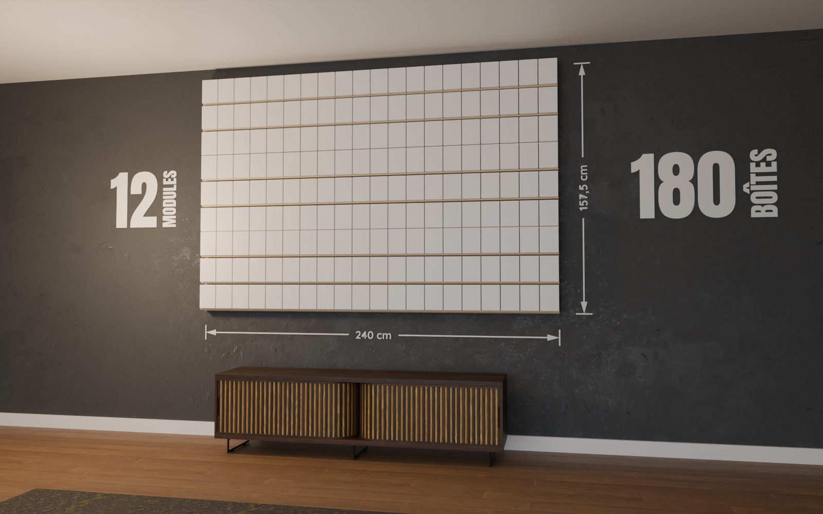 Mur de POP de 12 modules garni de 180 boîtes de Funko POP, 240 x 157,5 cm, monté au mur d'un salon
