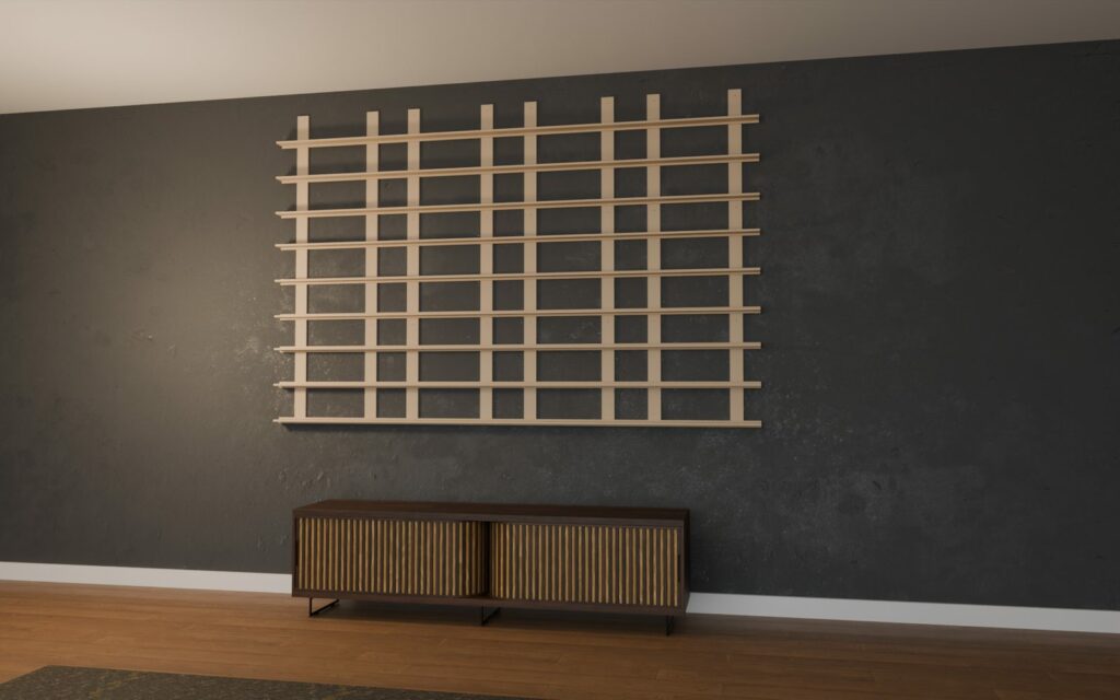 Structure d'un mur de POP de 12 modules en bois brut, 240 x 157,5 cm, sans les boîtes