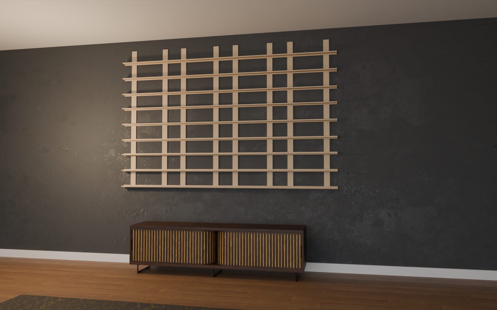 Structure d'un mur de POP de 12 modules en bois brut, 240 x 157,5 cm, sans les boîtes