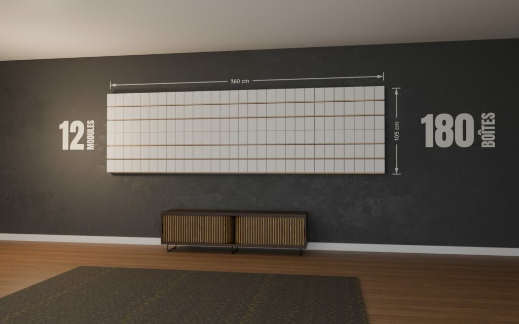 Mur de POP de 12 modules garni de 180 boîtes de Funko POP, 360 x 105 cm, monté au mur d'un salon