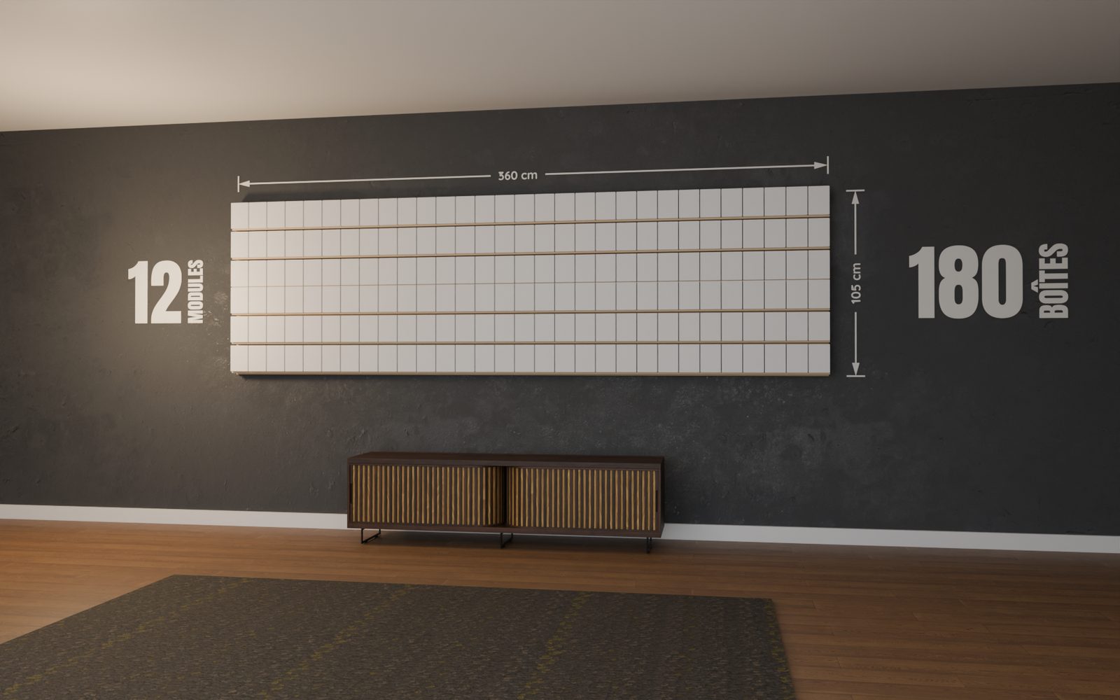 Mur de POP de 12 modules garni de 180 boîtes de Funko POP, 360 x 105 cm, monté au mur d'un salon