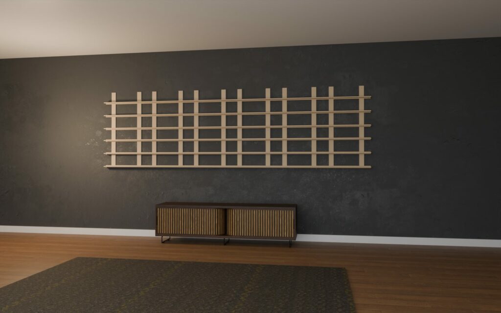 Structure d'un mur de POP de 12 modules en bois brut, 360 x 105 cm, sans les boîtes