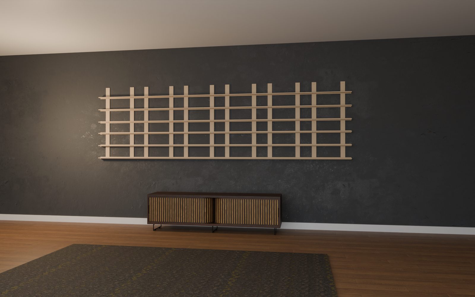 Structure d'un mur de POP de 12 modules en bois brut, 360 x 105 cm, sans les boîtes