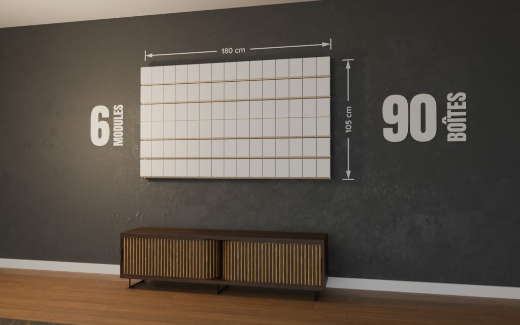 Mur de POP de 6 modules garni de 90 boîtes de Funko POP, 180 x 105 cm, monté au mur d'un salon