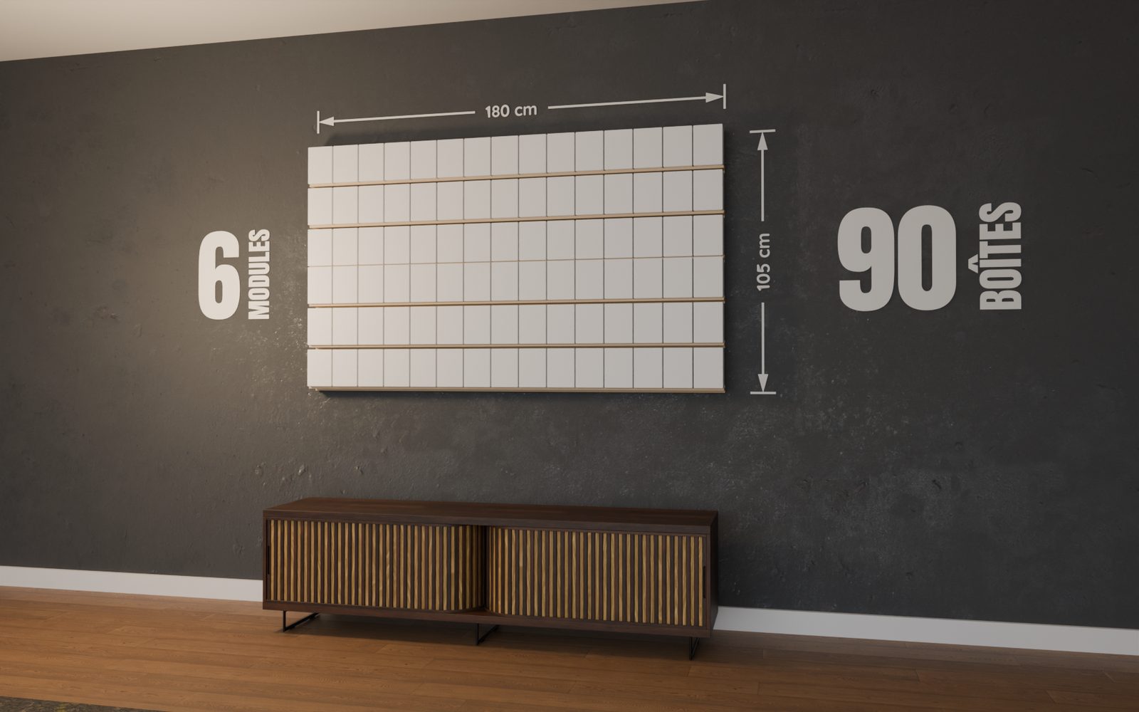 Mur de POP de 6 modules garni de 90 boîtes de Funko POP, 180 x 105 cm, monté au mur d'un salon