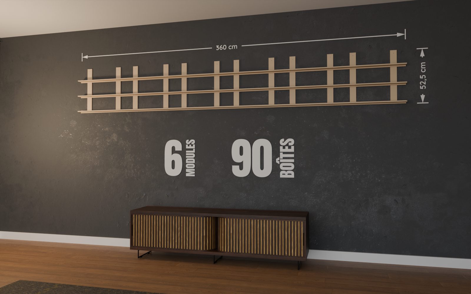 Cotes d'un mur de POP de 6 modules : 360 x 52,5 cm pour 90 boîtes de Funko POP