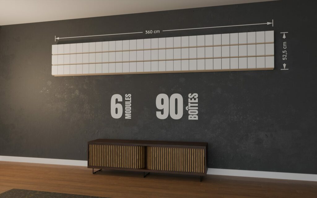 Mur de POP de 6 modules garni de 90 boîtes de Funko POP, 360 x 52,5 cm, monté au mur d'un salon