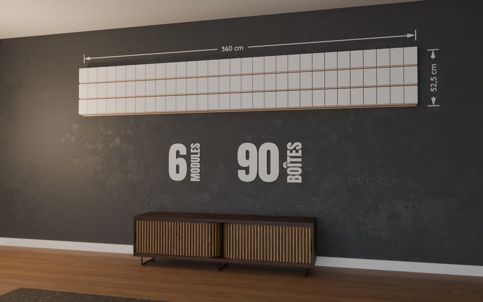 Mur de POP de 6 modules garni de 90 boîtes de Funko POP, 360 x 52,5 cm, monté au mur d'un salon