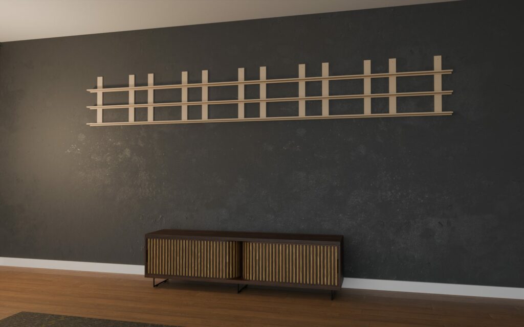 Structure d'un mur de POP de 6 modules en bois brut, 360 x 52,5 cm, sans les boîtes