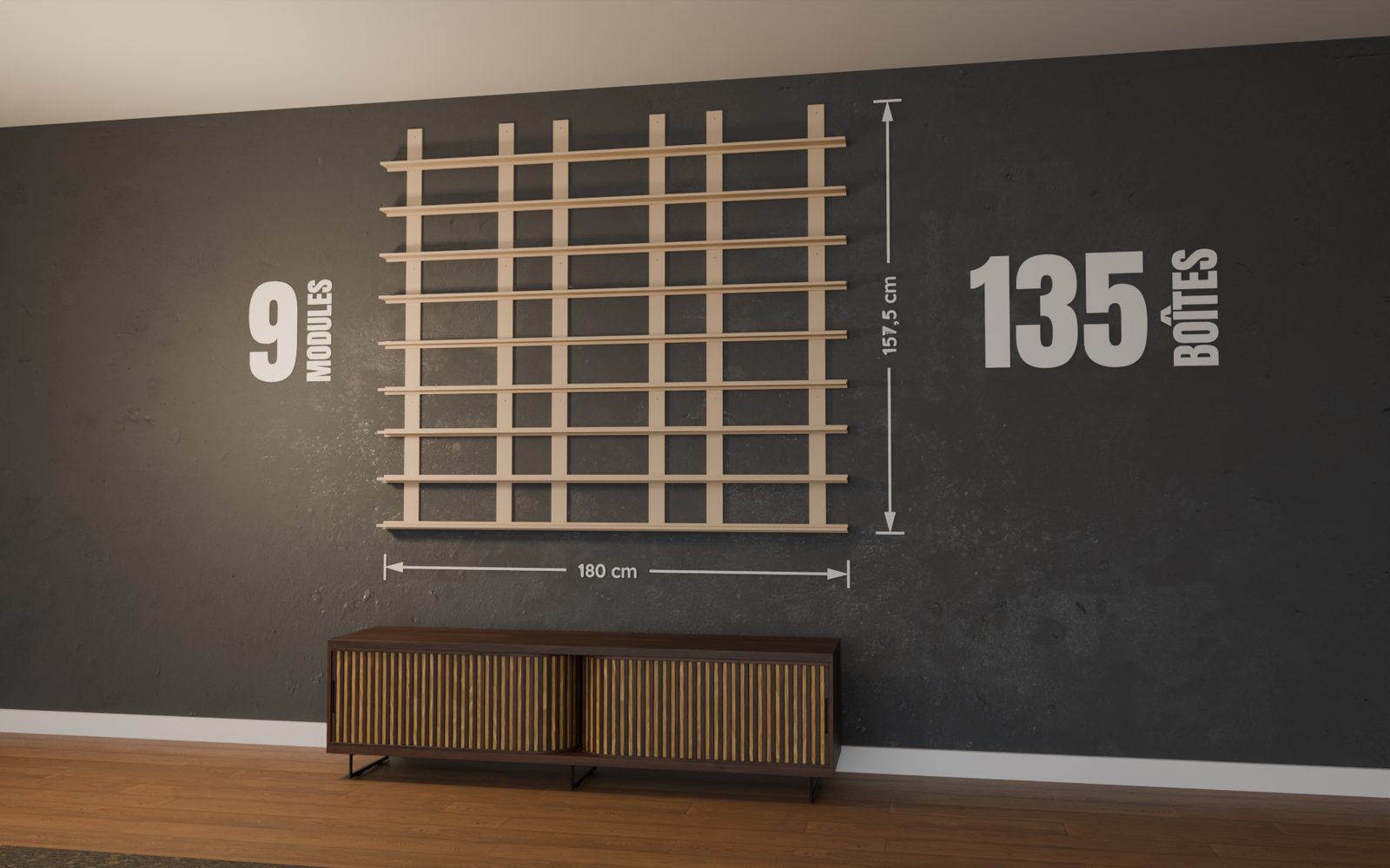 Cotes d'un mur de POP de 9 modules : 180 x 157,5 cm pour 135 boîtes de Funko POP