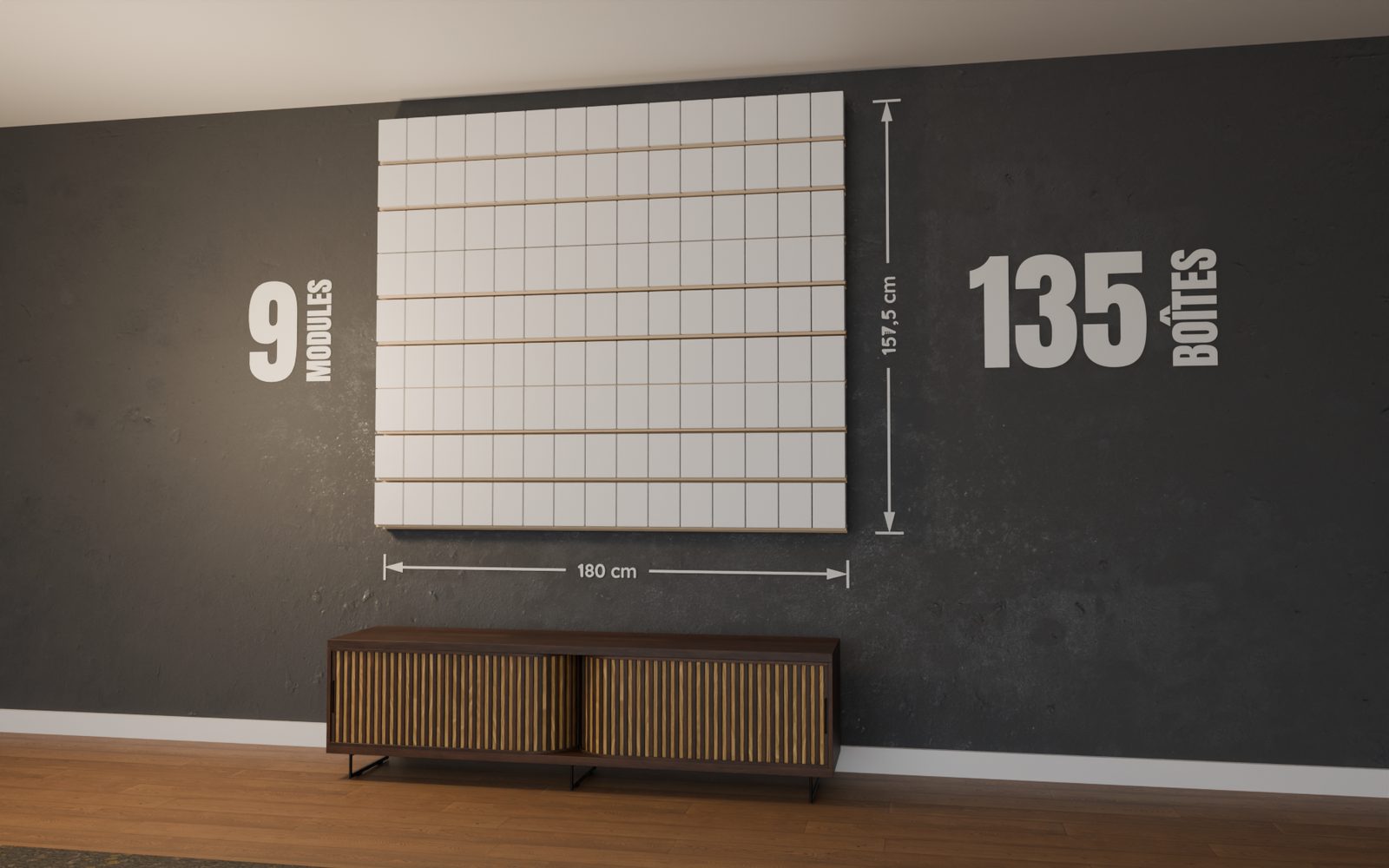 Mur de POP de 9 modules garni de 135 boîtes de Funko POP, 180 x 157,5 cm, monté au mur d'un salon