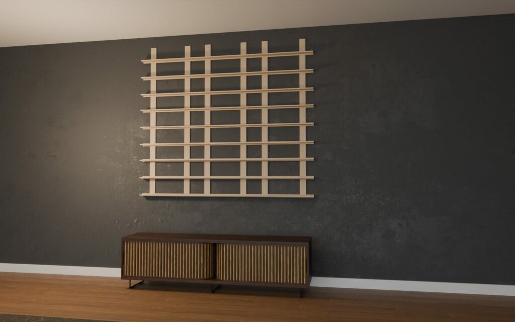 Structure d'un mur de POP de 9 modules en bois brut, 180 x 157,5 cm, sans les boîtes