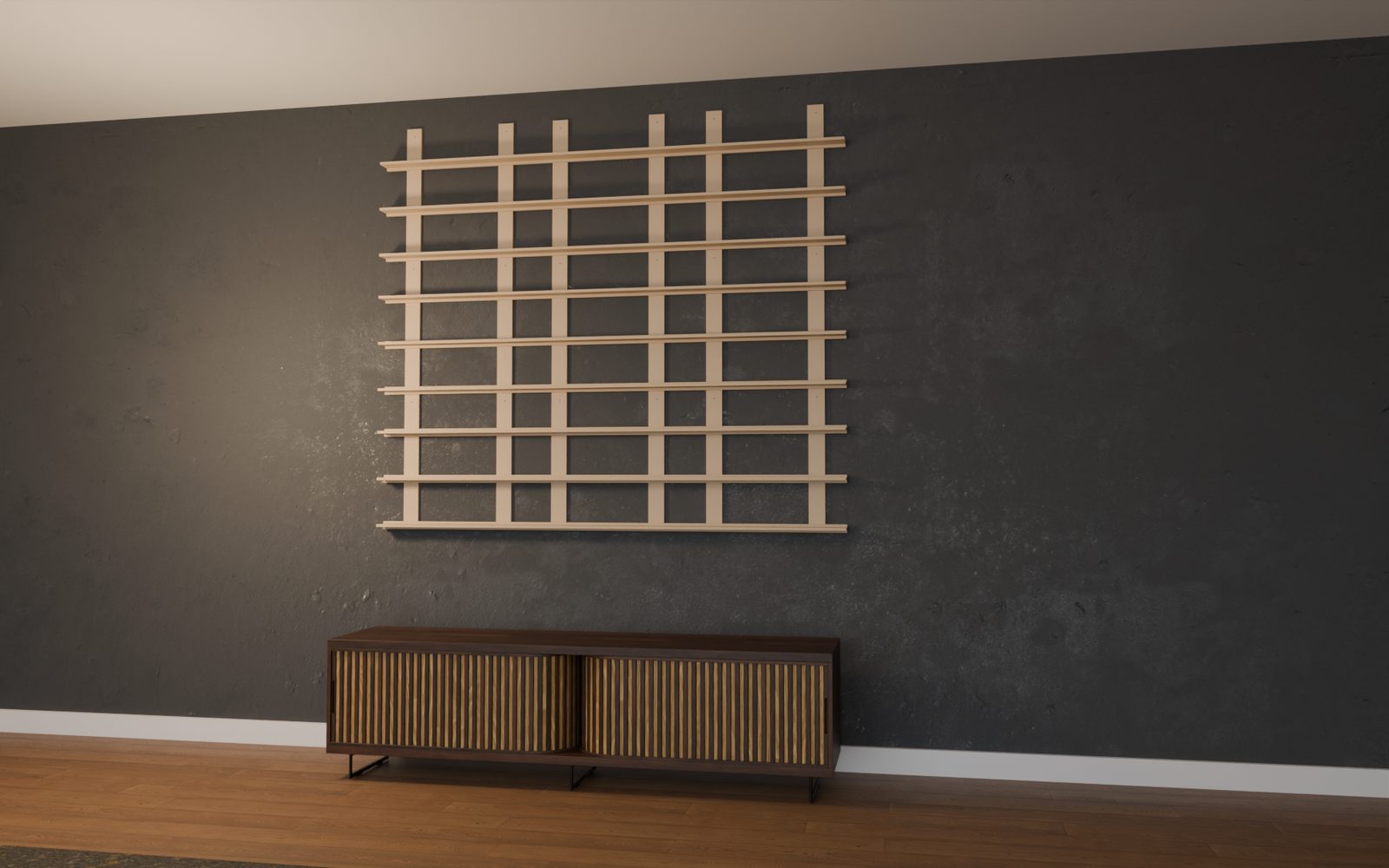 Structure d'un mur de POP de 9 modules en bois brut, 180 x 157,5 cm, sans les boîtes